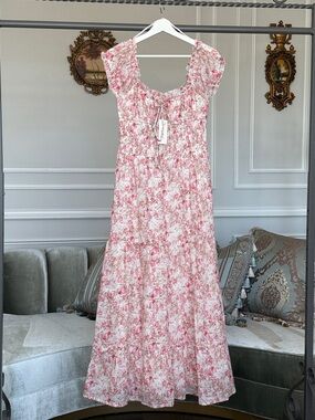 NWT SIM & SAM DRESS SIZE LARGE Floral Pink Tiered Maxi Dress with Tie Front